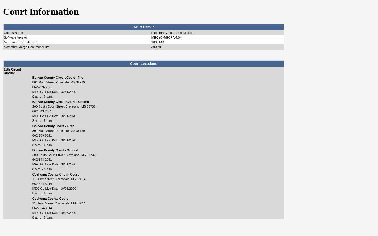 Eleventh Circuit Mississippi court information interface for Coahoma County
